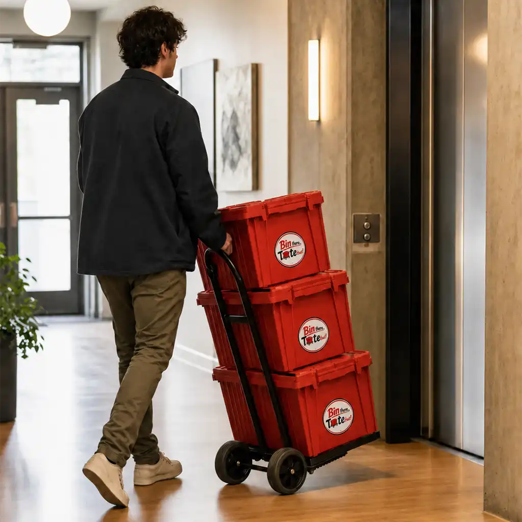 Renter wheeling a hand truck of red moving totes down a Portland apartment corridor