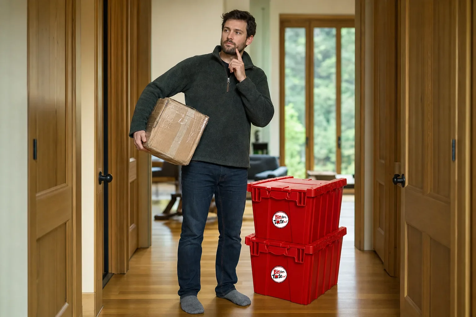 Person in a hallway weighing a taped cardboard box against a stack of two latched red moving totes