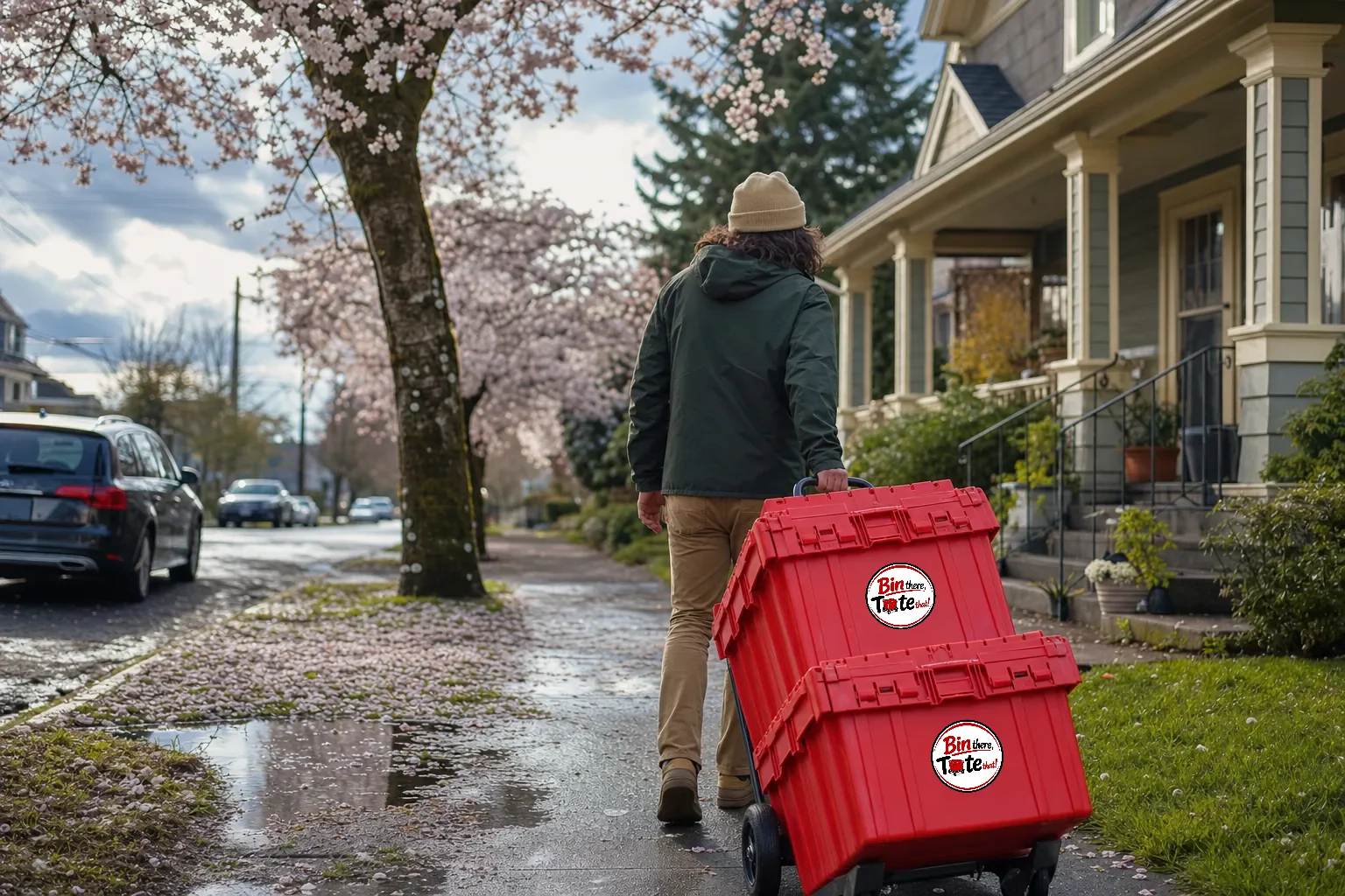 Person wheeling red moving totes toward a craftsman porch past cherry blossoms and puddles under a changeable Portland sky