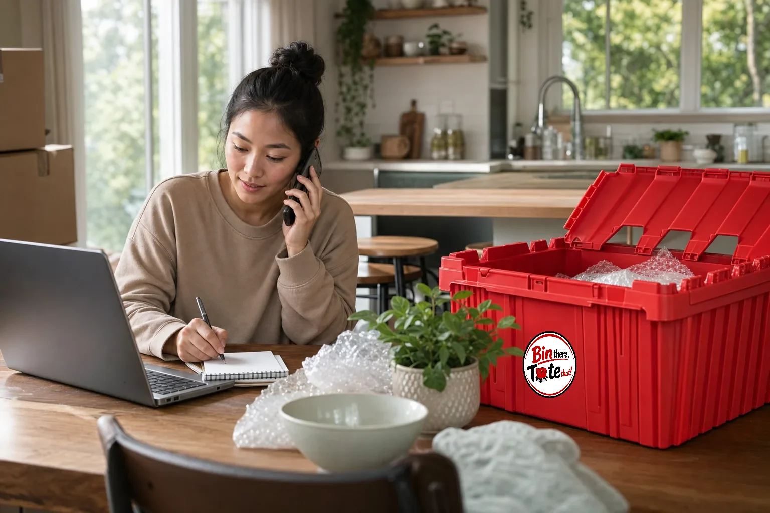 Person booking a moving tote rental by phone at a kitchen table with an open red tote beside them
