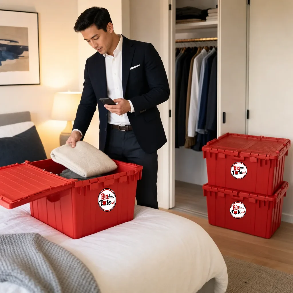 Professional packing a sweater into a red moving tote in a tidy condo bedroom while checking their phone