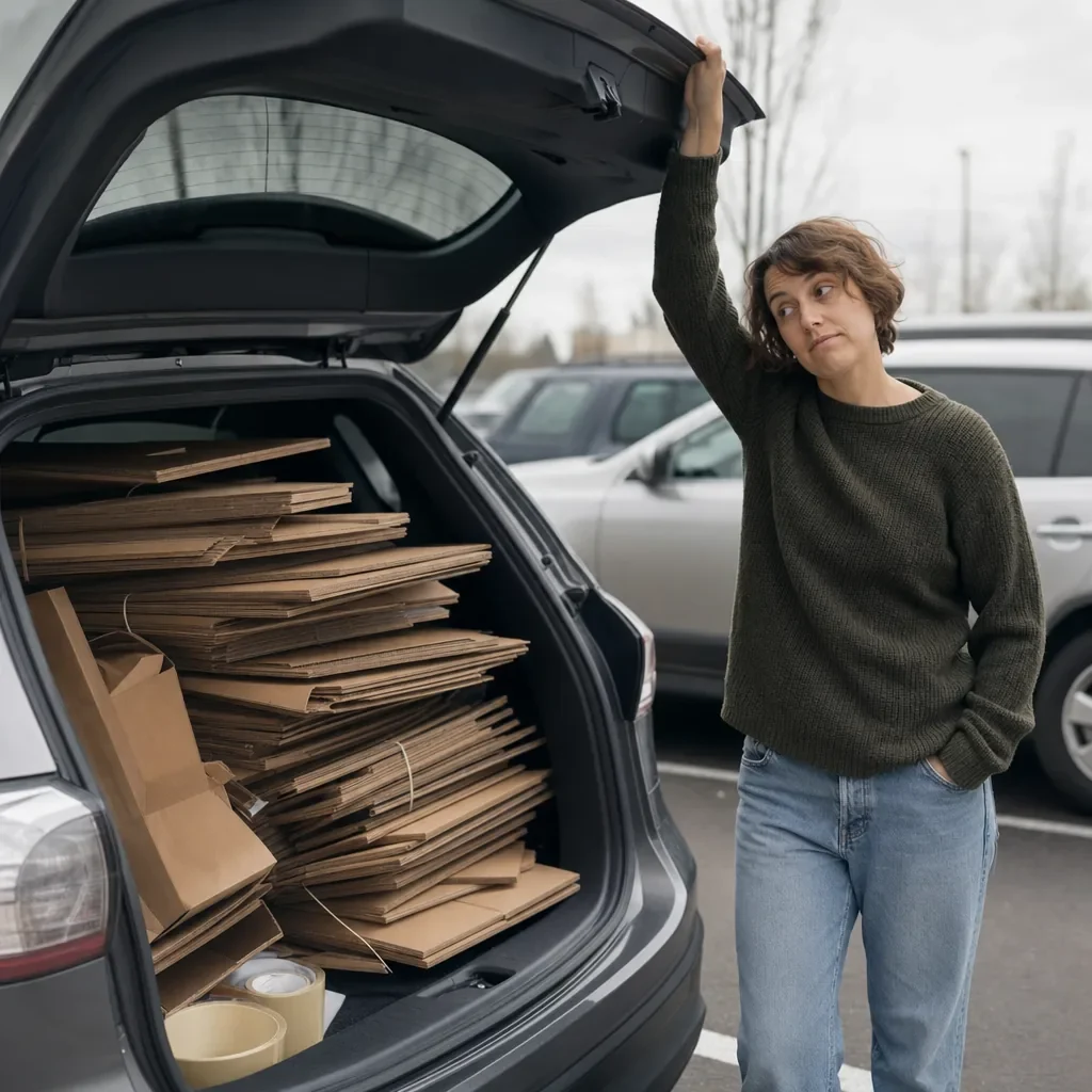 Car trunk filled with flattened cardboard boxes collected from stores