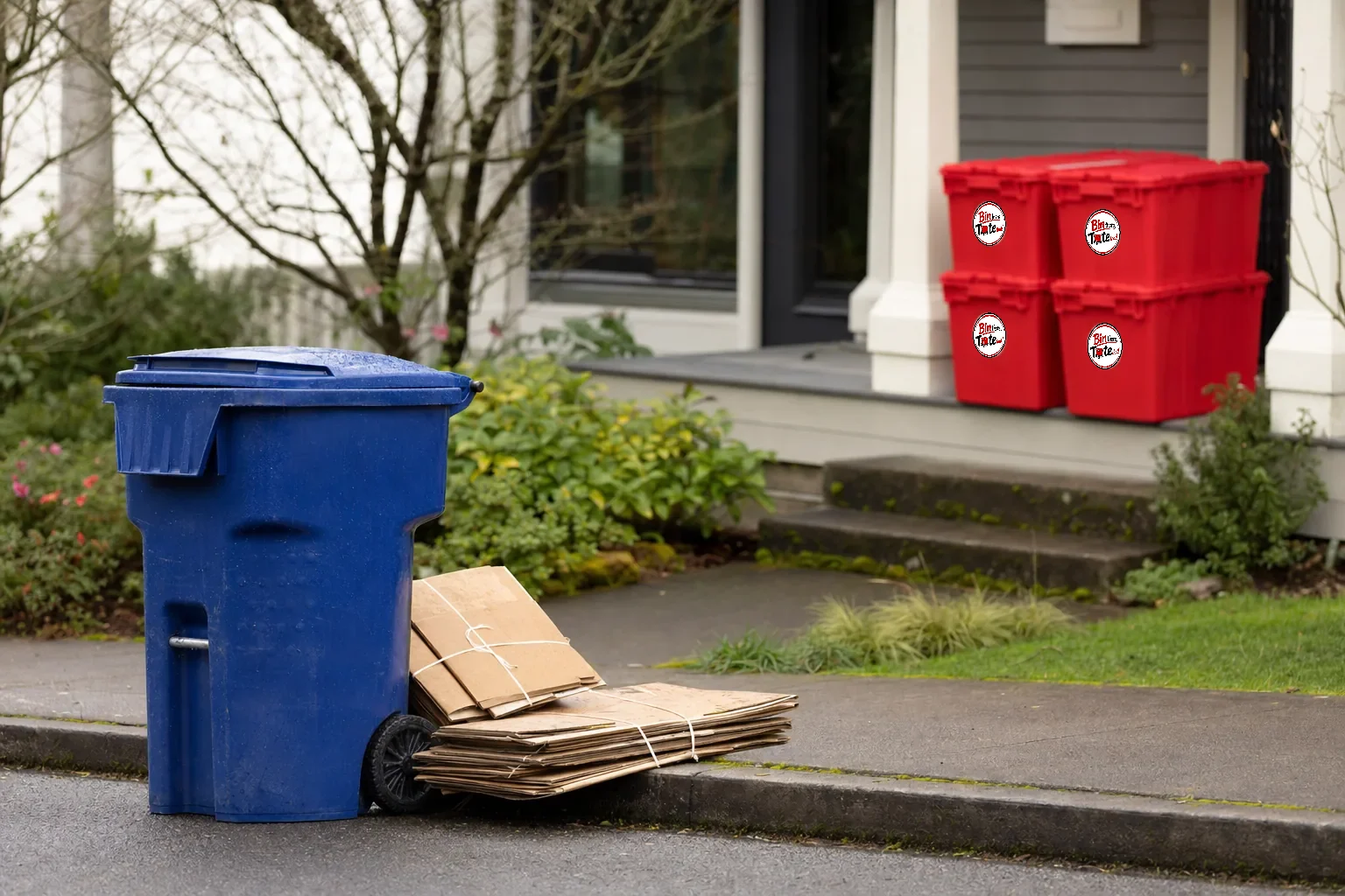 Flattened cardboard bundled beside a blue recycling cart at a Portland curb with red moving totes waiting on the porch behind
