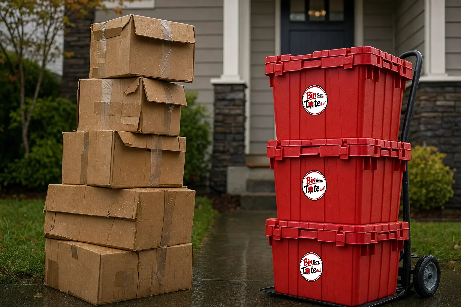 Sagging tower of taped rain-spotted cardboard boxes beside a crisp stack of latched red moving totes on a hand truck