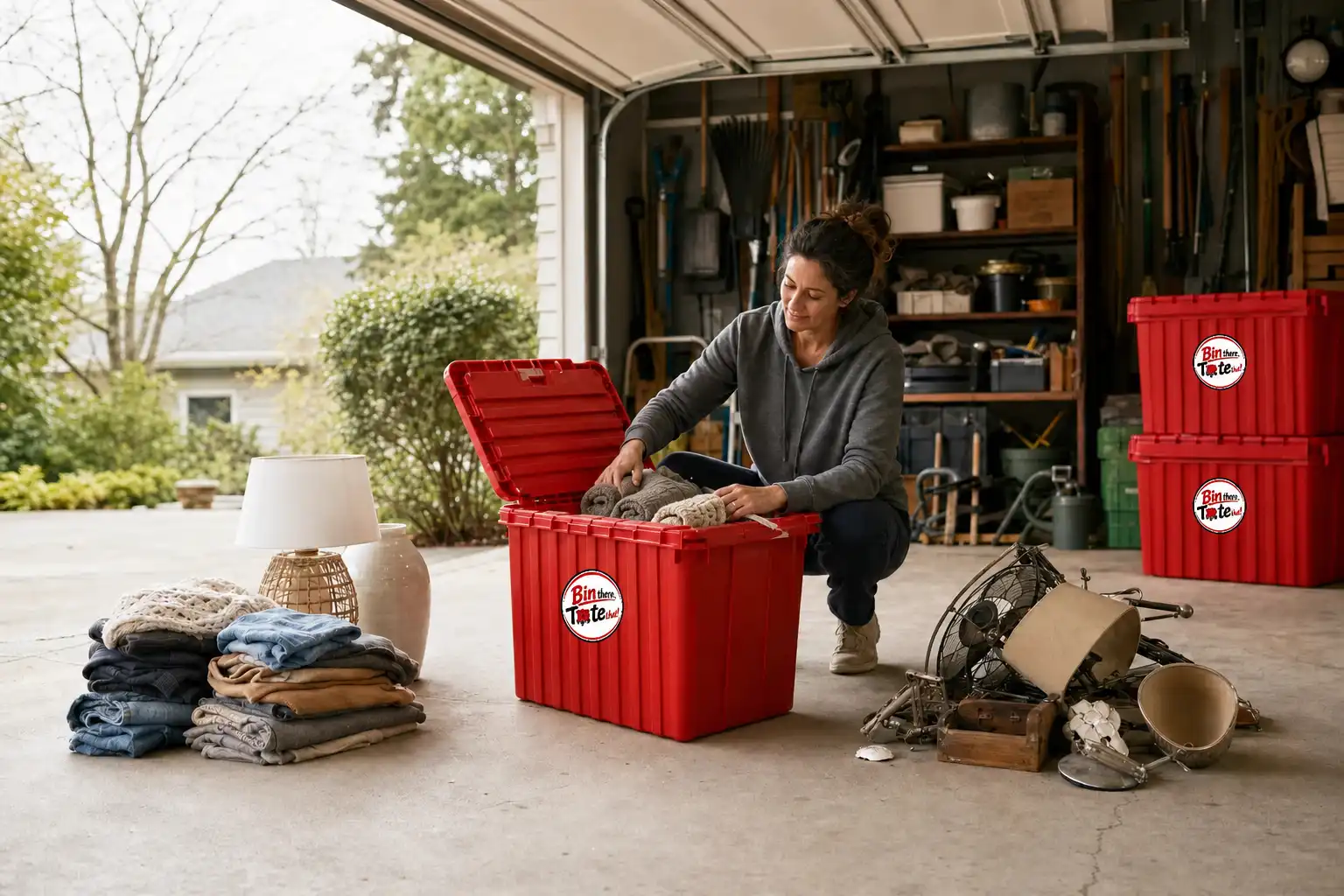 Garage declutter with donate and discard piles on the floor and keepers packed in an open red moving tote