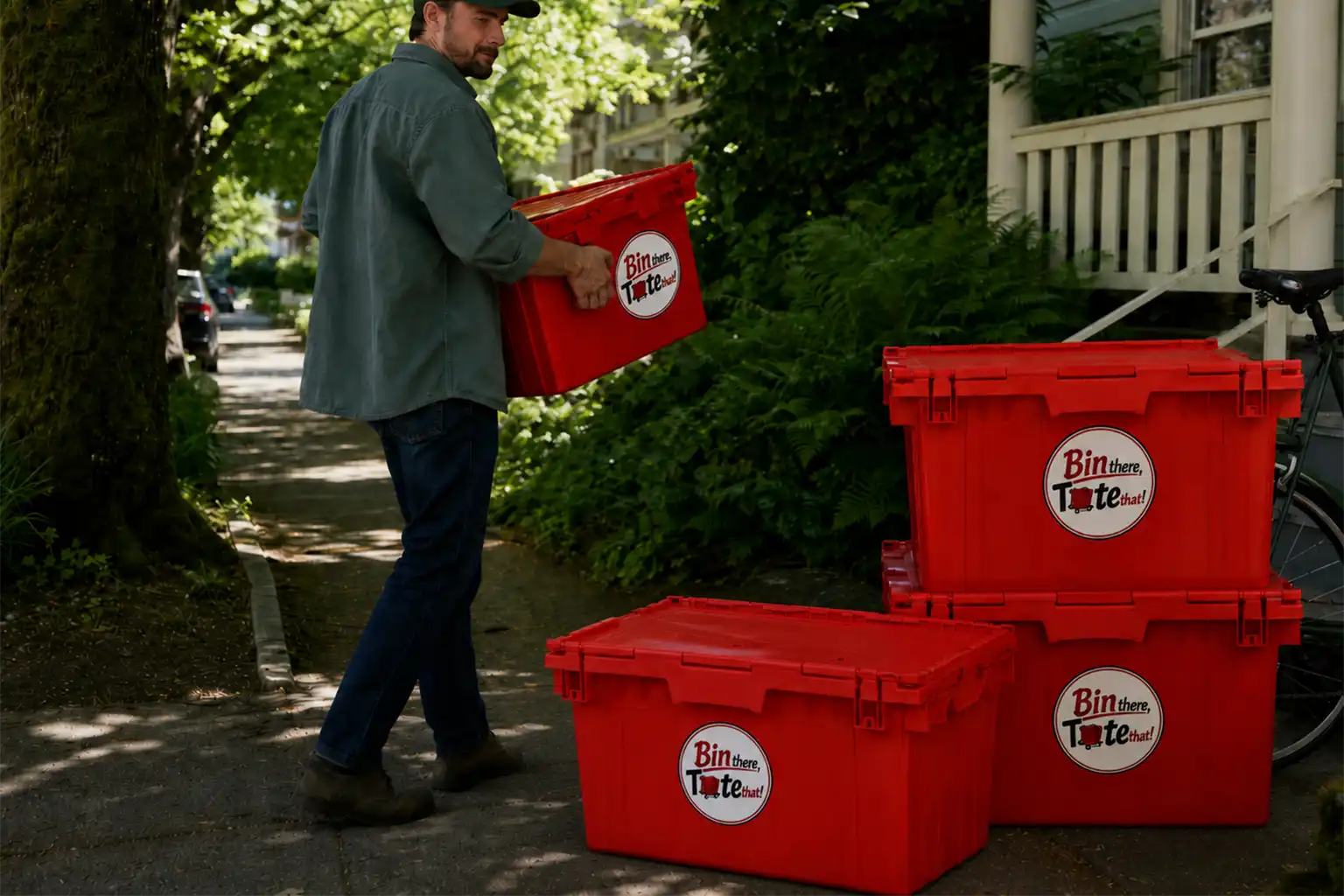Reusable red moving totes stacked by a Portland porch with paper wrap visible in one open tote