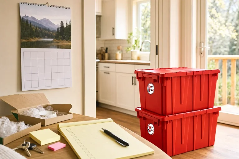 Wall calendar, notepad checklist, and sticky notes with two red moving totes stacked by the kitchen doorway