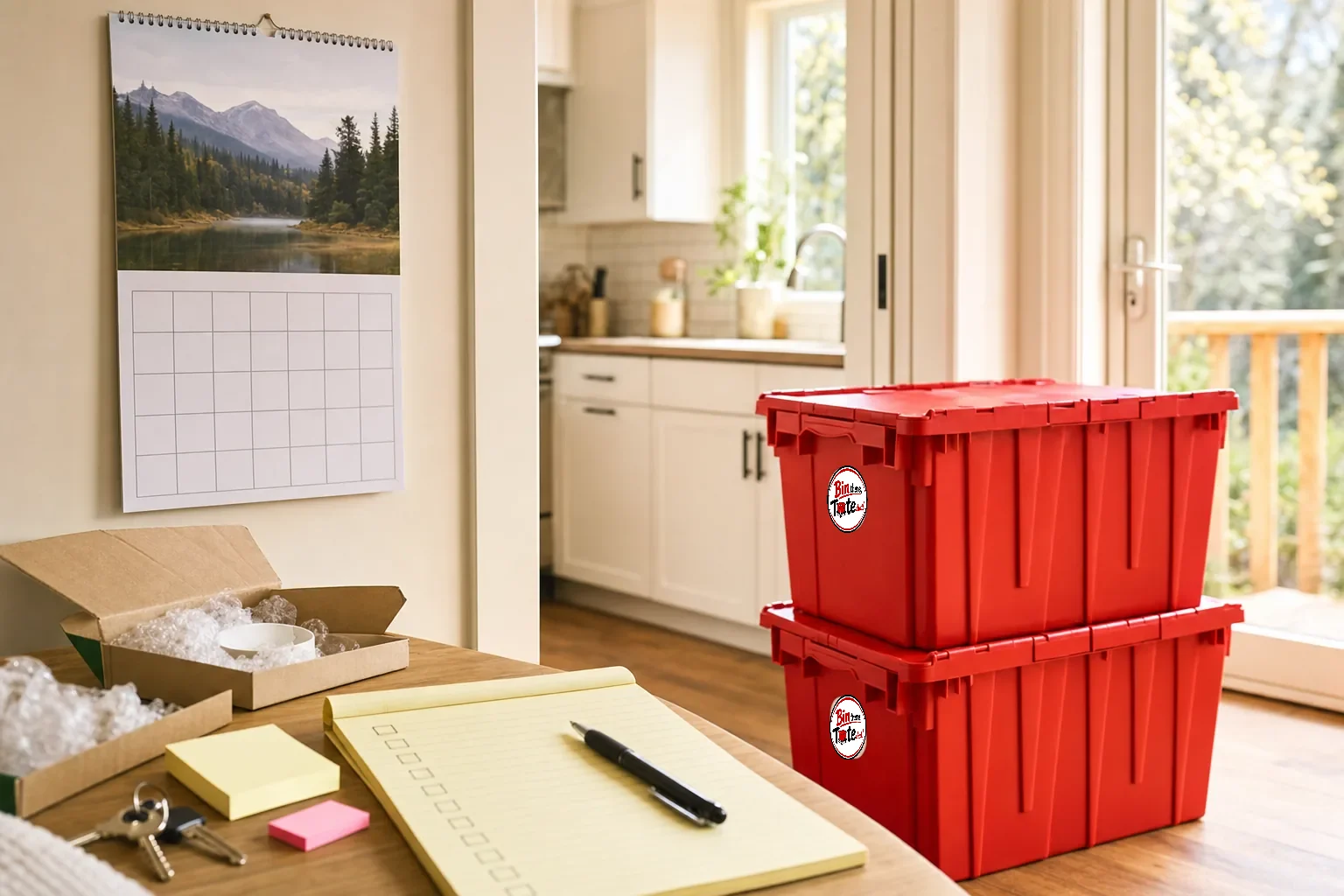 Wall calendar, notepad checklist, and sticky notes with two red moving totes stacked by the kitchen doorway