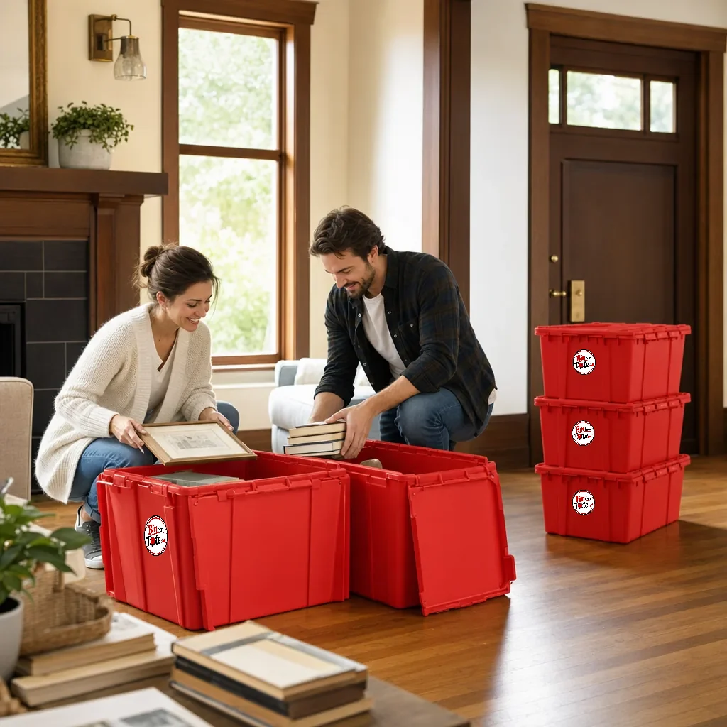 Couple packing framed pictures and books into red moving totes in the living room of a staged craftsman home