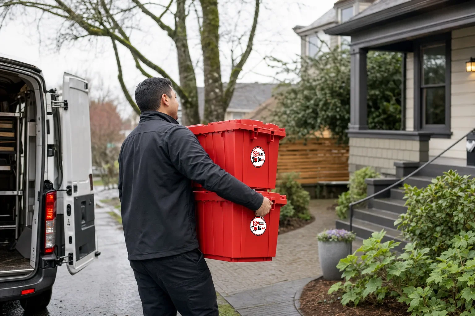 Delivery driver carrying red moving totes from a van to a Portland home's front path