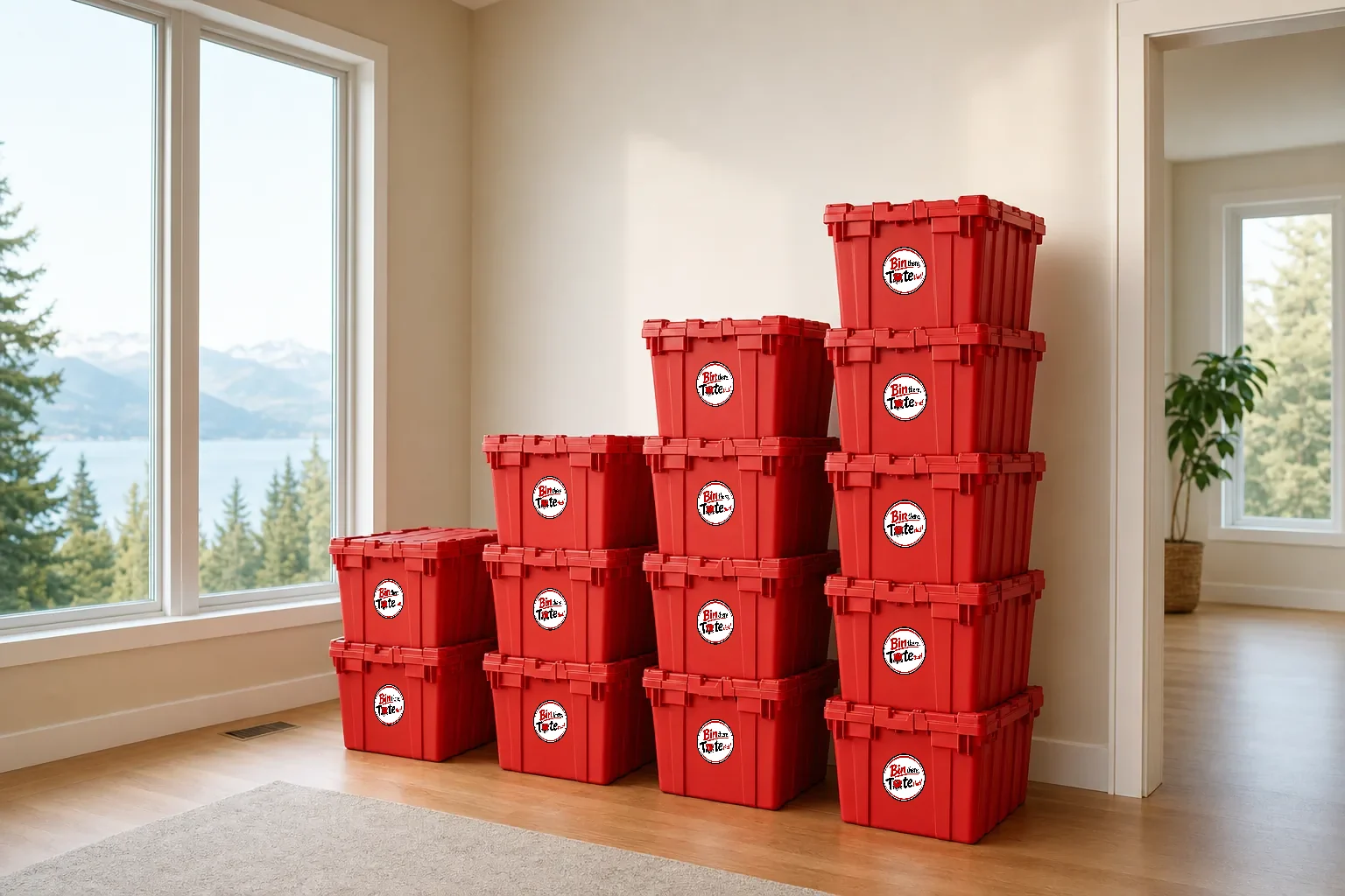 Four stacks of red moving totes of increasing height along a bright living room wall