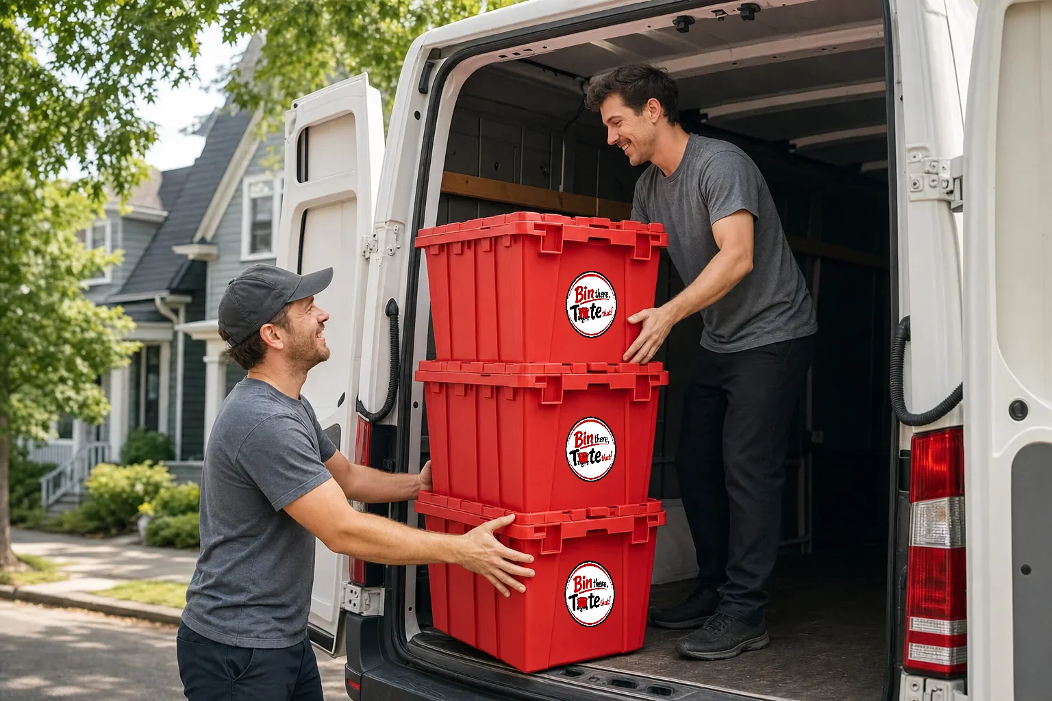Local two-person crew loading clean red moving totes into a white cargo van on a Portland neighborhood street