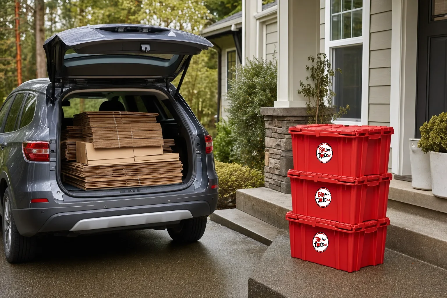 SUV tailgate stacked with newly bought folded cardboard boxes while three latched red moving totes sit on the porch steps