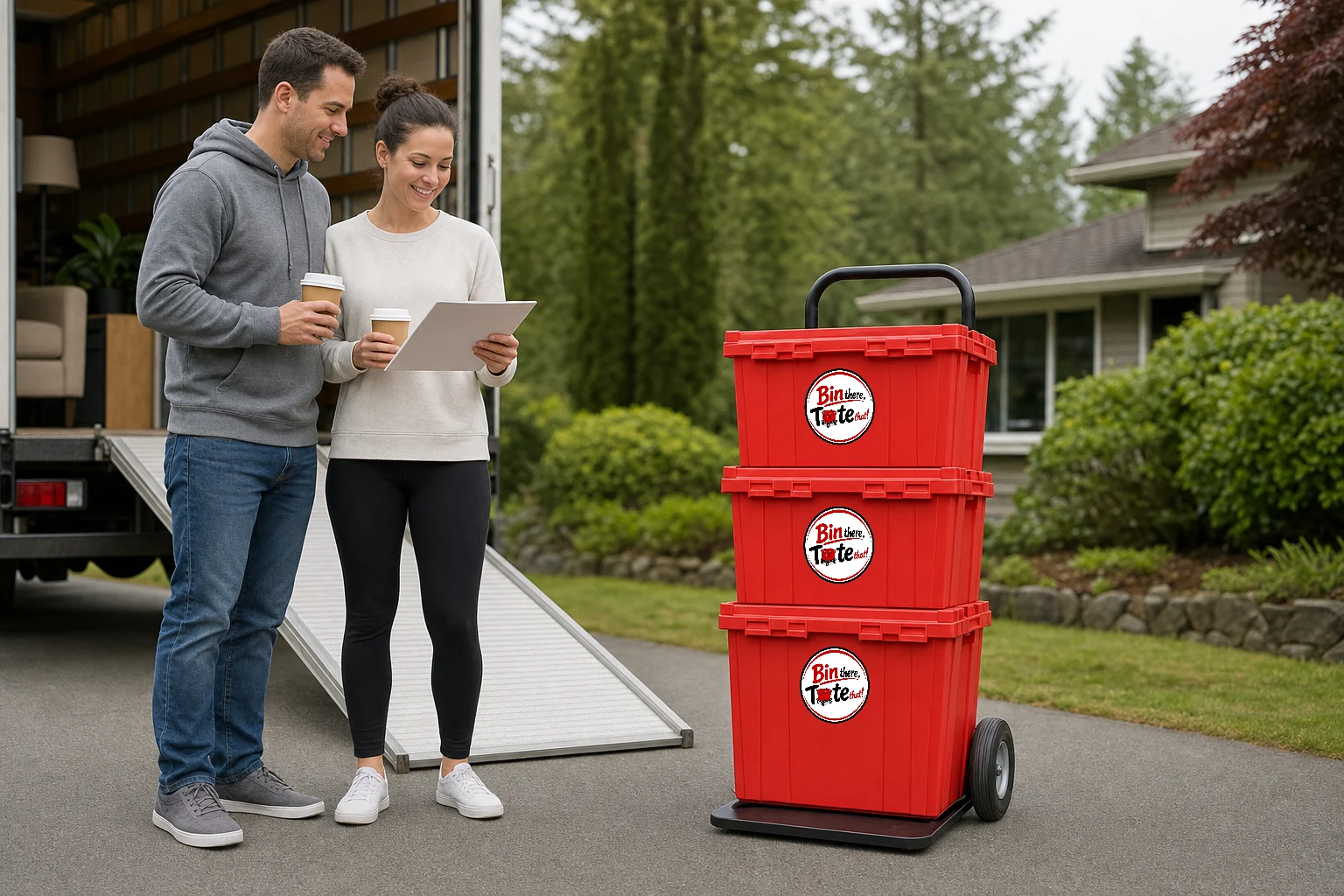 Early-morning Portland driveway with coffee mugs on the porch rail and a loaded hand truck of red moving totes by the truck ramp