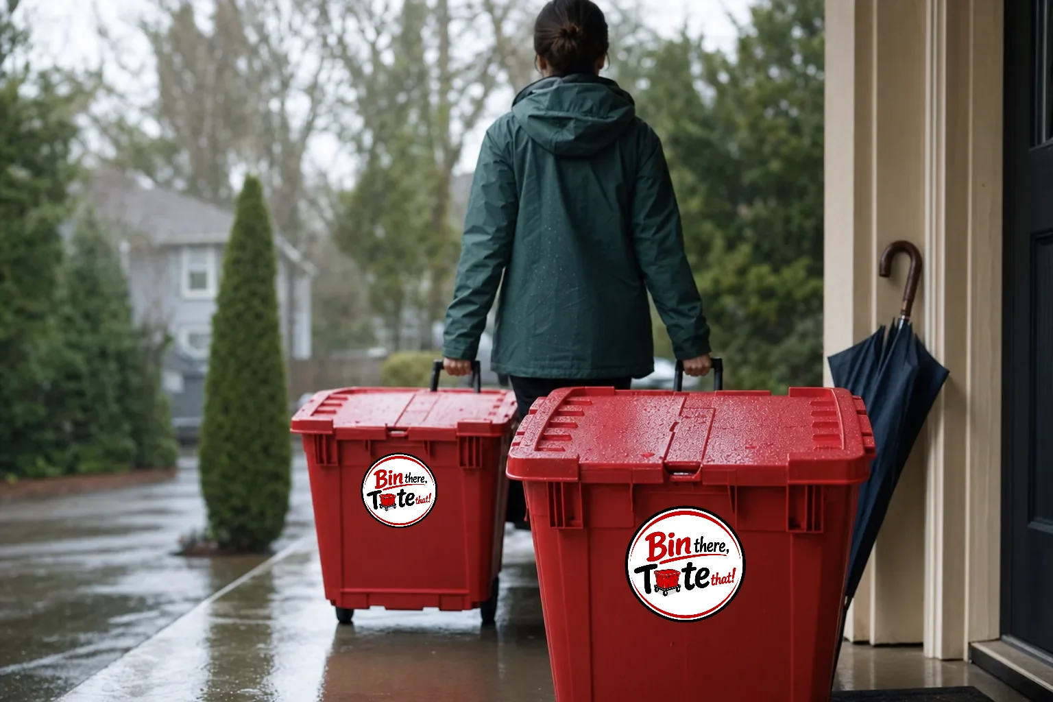 Person in a rain jacket wheeling latched red moving totes under a porch overhang in Portland drizzle