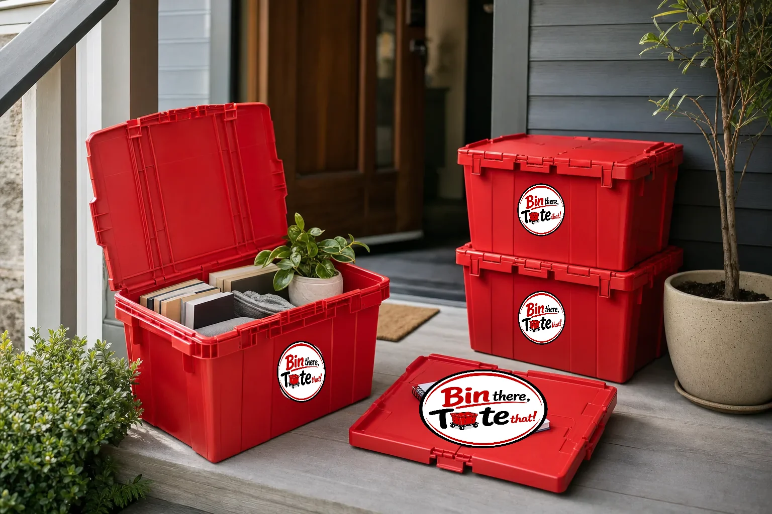 Open red moving tote with packed books and a plant beside a labeled stack and a checklist on a Portland craftsman porch