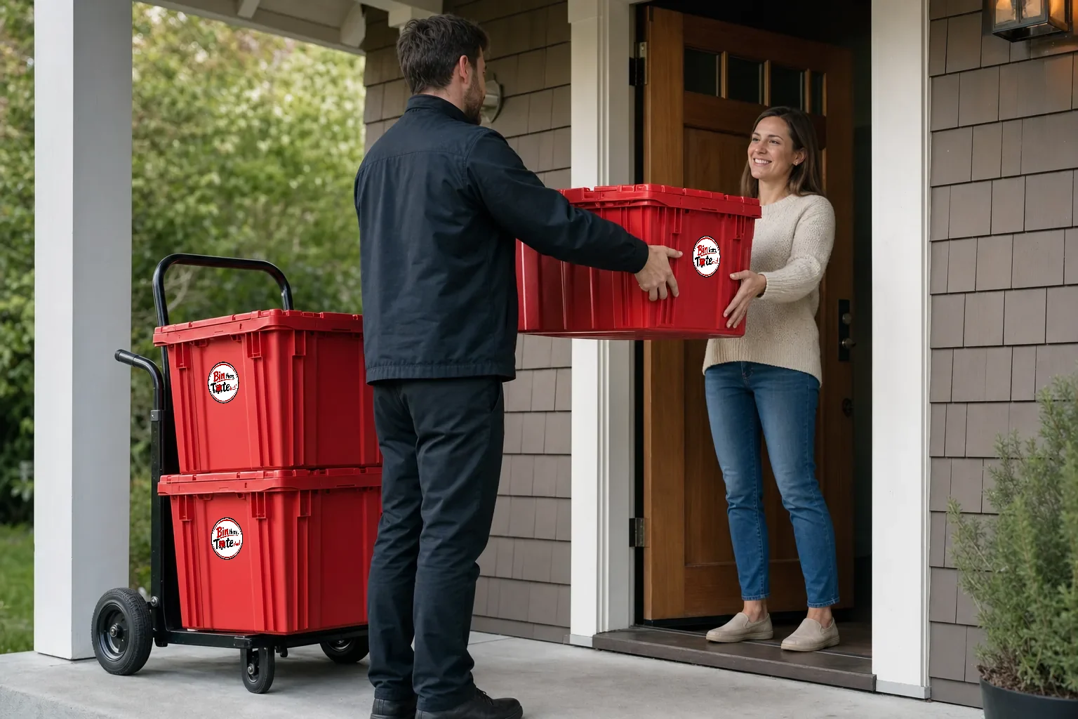 Delivery driver handing a red moving tote to a smiling resident at the front door of a Portland craftsman home, hand truck with more totes on the porch
