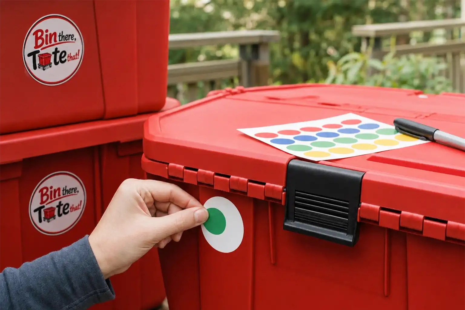 Hand pressing a colored sticker onto the white circular label of a latched red moving tote beside a sheet of color-coded stickers
