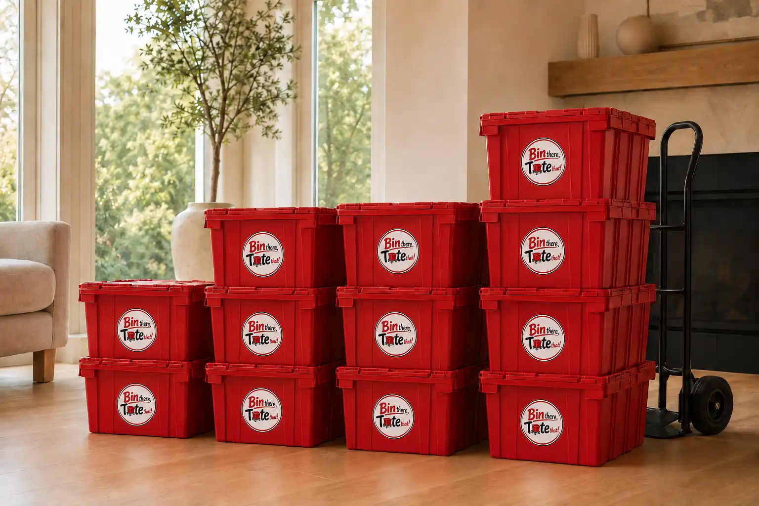 Four stacks of red moving totes of increasing height beside a hand truck in a bright living room, one stack per rental package
