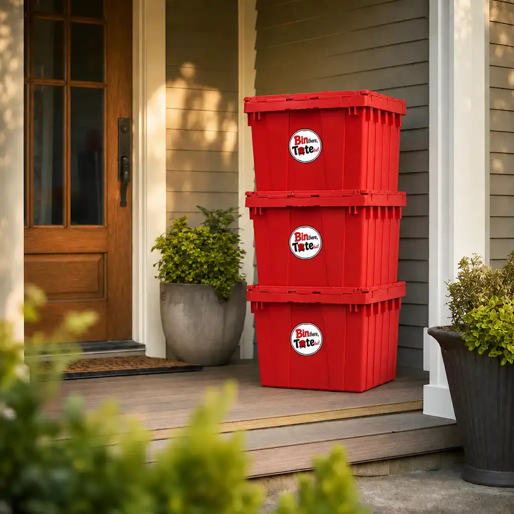Stack of empty red moving totes waiting on a porch for free pickup after a move