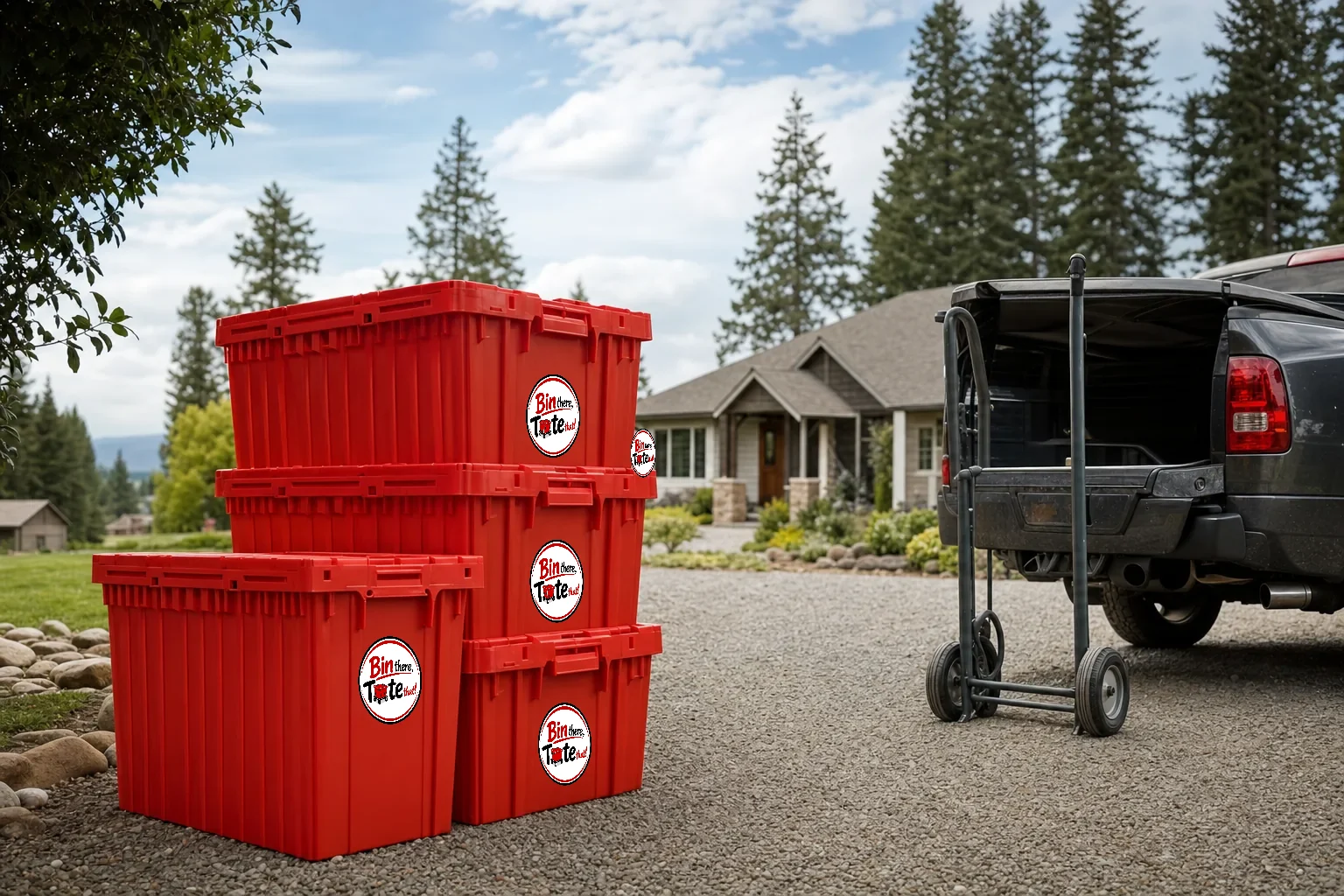 Red moving totes stacked on a large-lot Battle Ground driveway beside a pickup truck