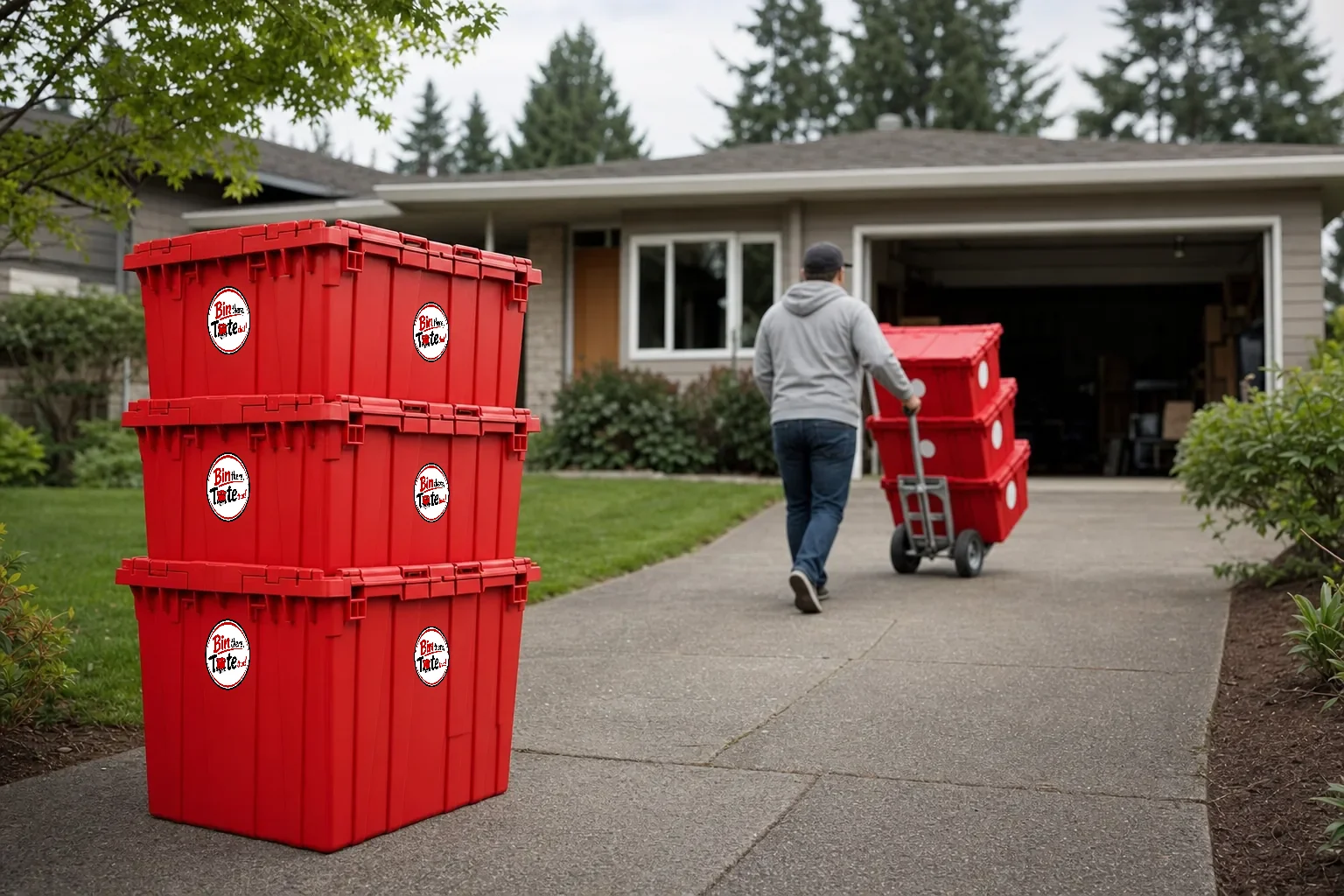 Red moving totes staged on the driveway of a Beaverton ranch home while a person wheels more toward the garage