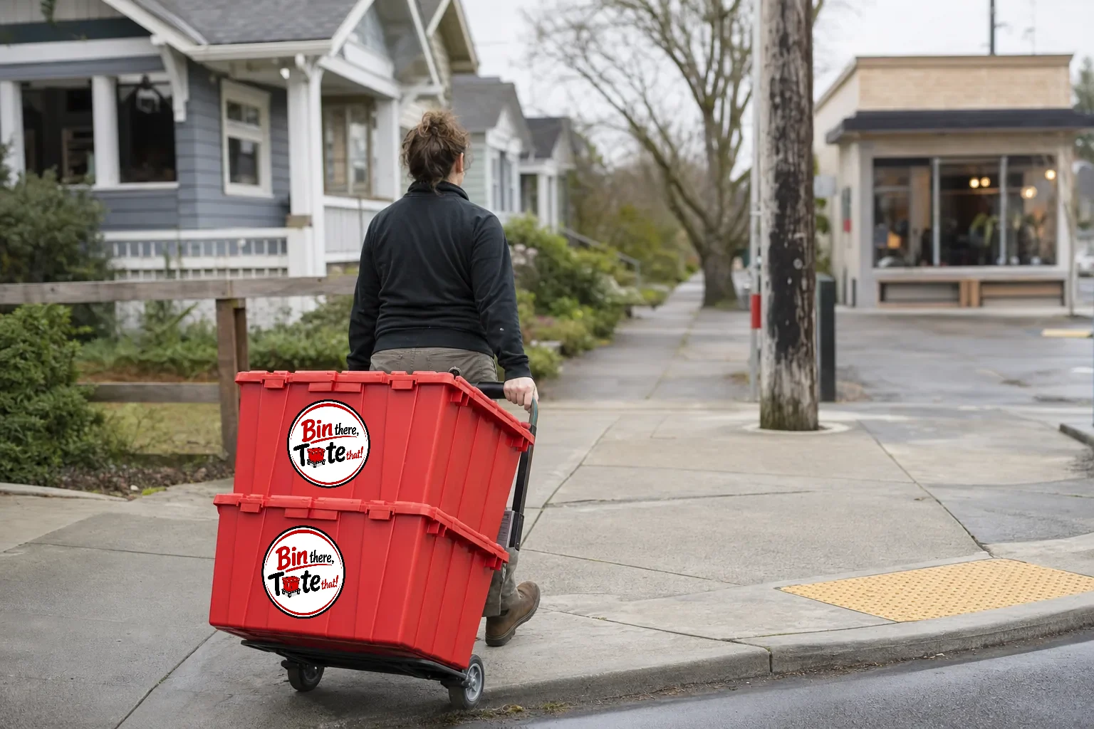 Person wheeling red moving totes along a Belmont sidewalk past bungalows near a small storefront corner
