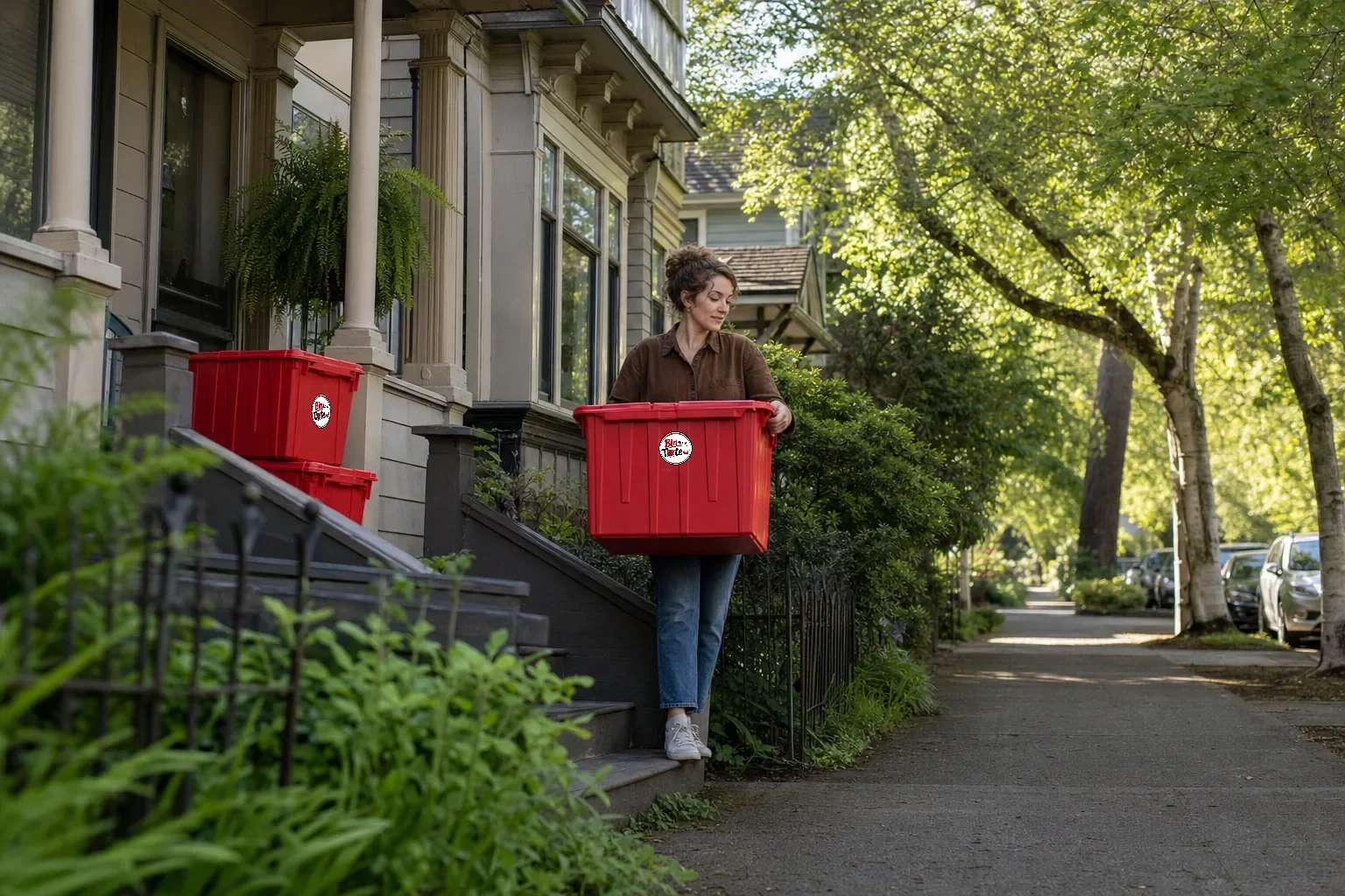 Red moving totes on the steps of an old Buckman foursquare apartment house