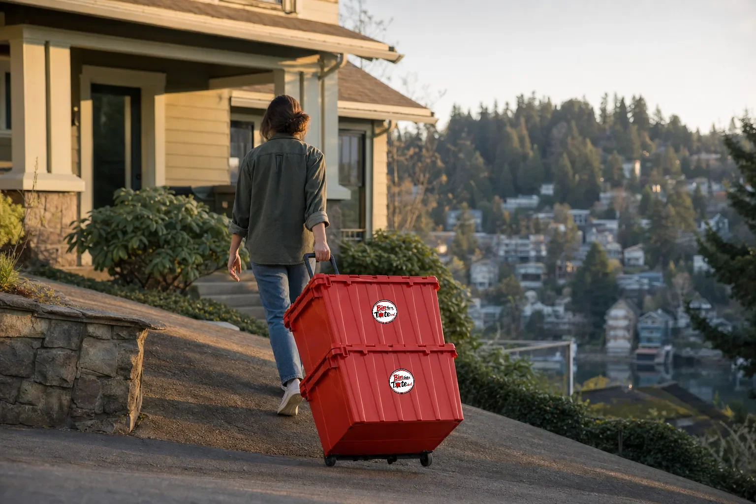 Person wheeling red moving totes up a sloped driveway to a hillside Camas craftsman home