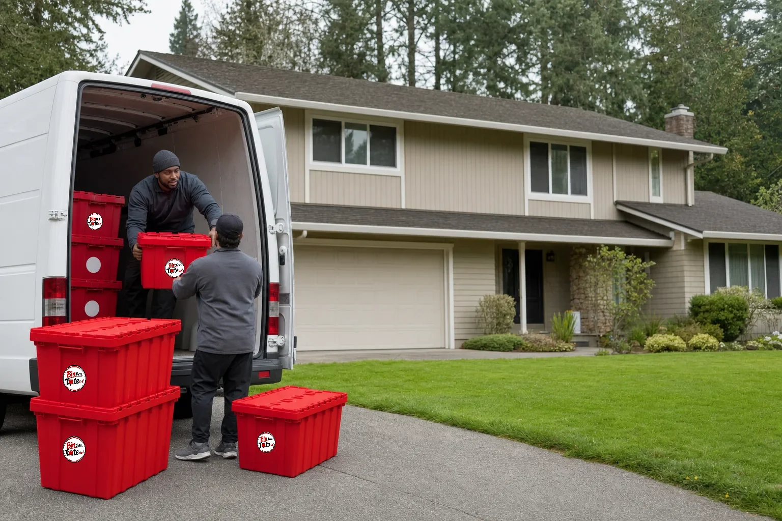 Red moving totes being unloaded from a van outside an established Cascade Park two-story home