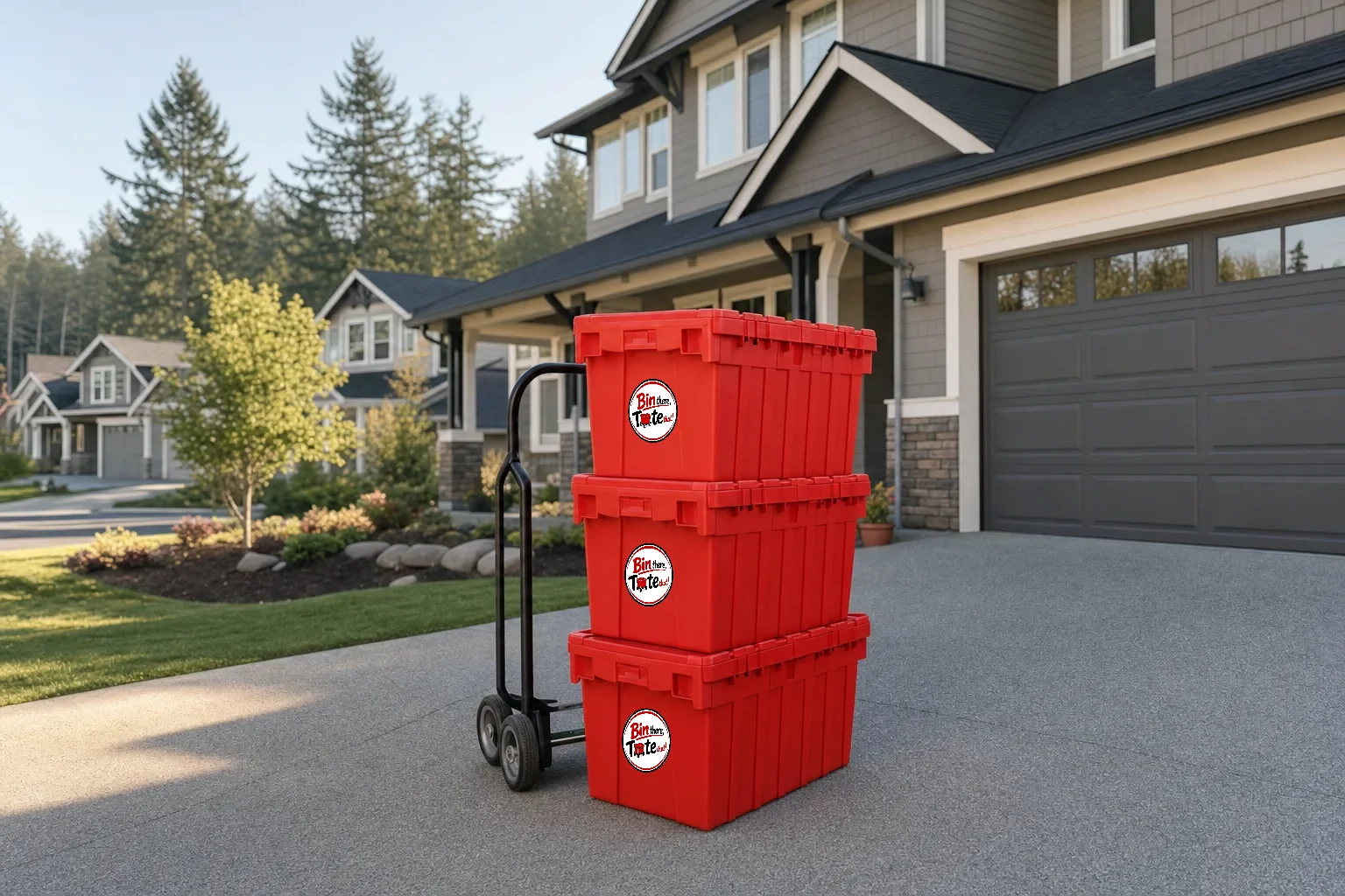 Stack of red moving totes with a hand truck on the driveway of a newer two-story Felida home
