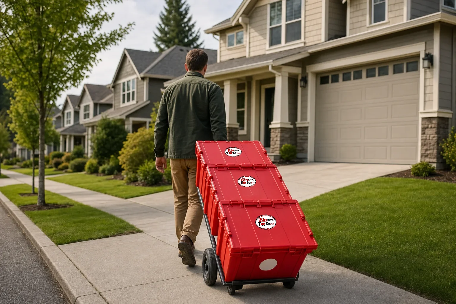 Person wheeling red moving totes toward a two-story home in a Fisher's Landing subdivision