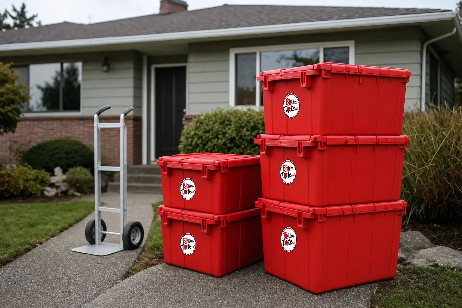Red moving totes stacked outside a postwar Gresham ranch house with a hand truck on the walkway