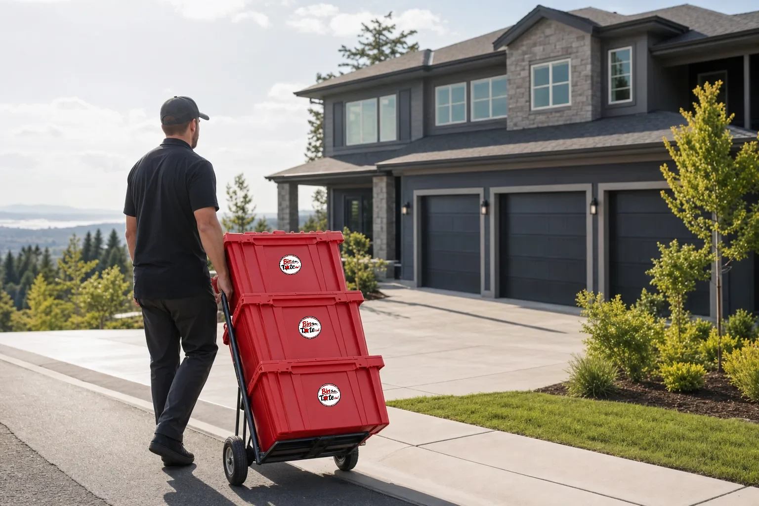 Hand truck of red moving totes heading toward a large newer Happy Valley home with a three-car garage