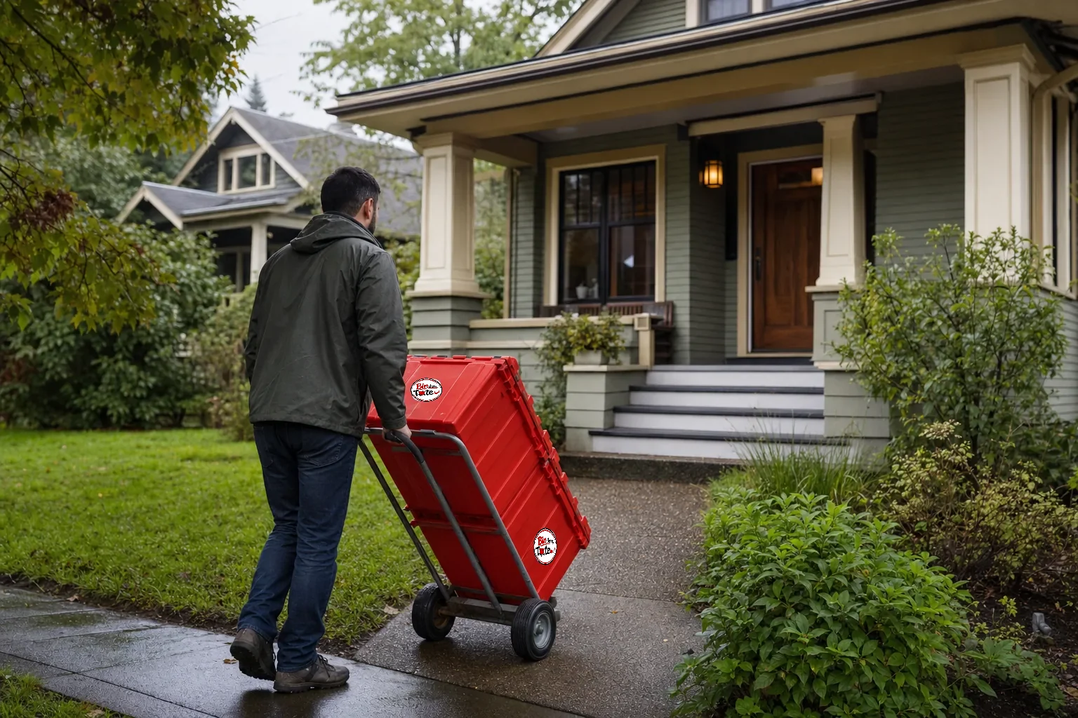 Red moving totes on the porch of a Hawthorne craftsman bungalow as a person wheels a hand truck up the walk