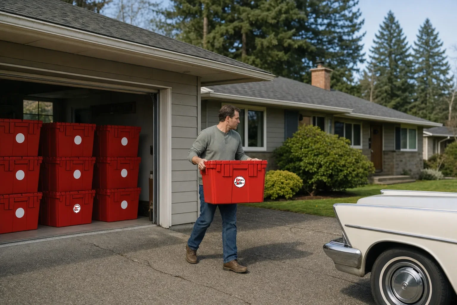 Red moving totes staged in the open garage of a Hazel Dell ranch home with a person carrying one to the driveway