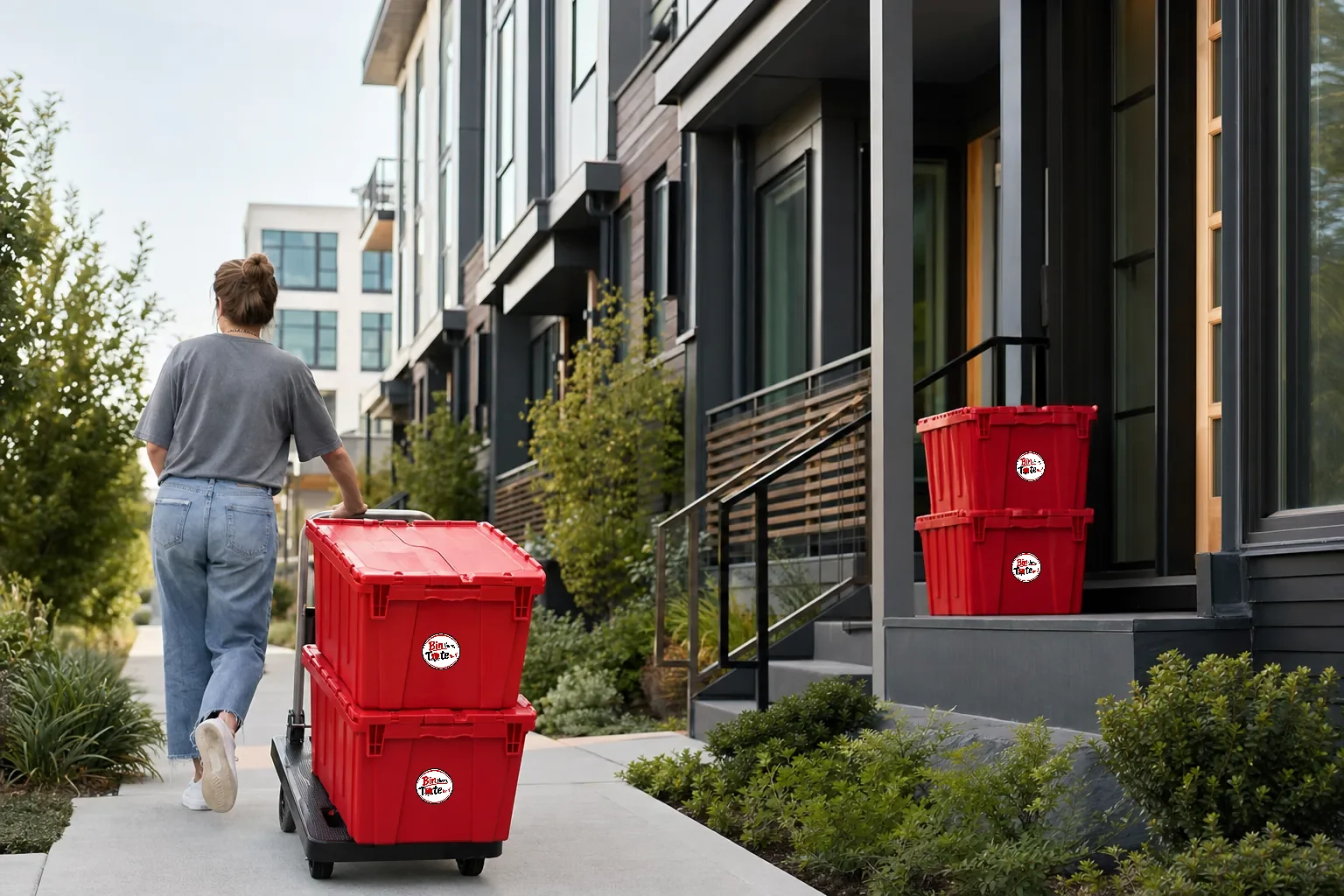 Red moving totes wheeled along a sidewalk toward a modern Hillsboro rowhouse