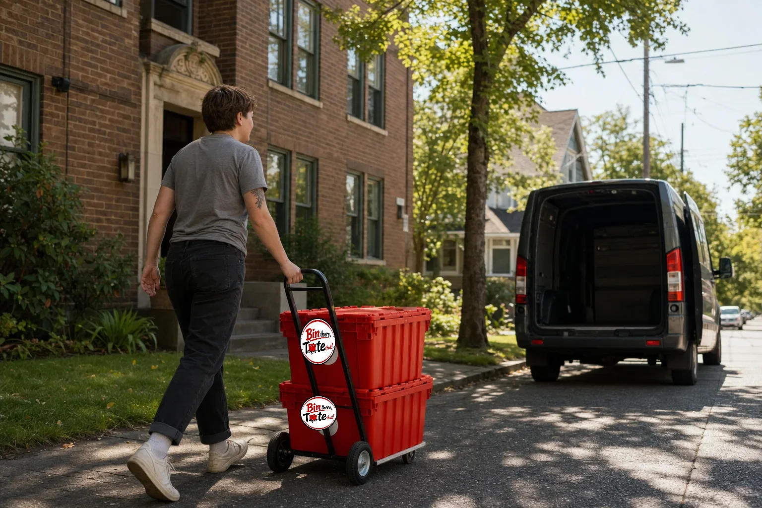 Person wheeling red moving totes past a vintage brick Kerns fourplex toward a van