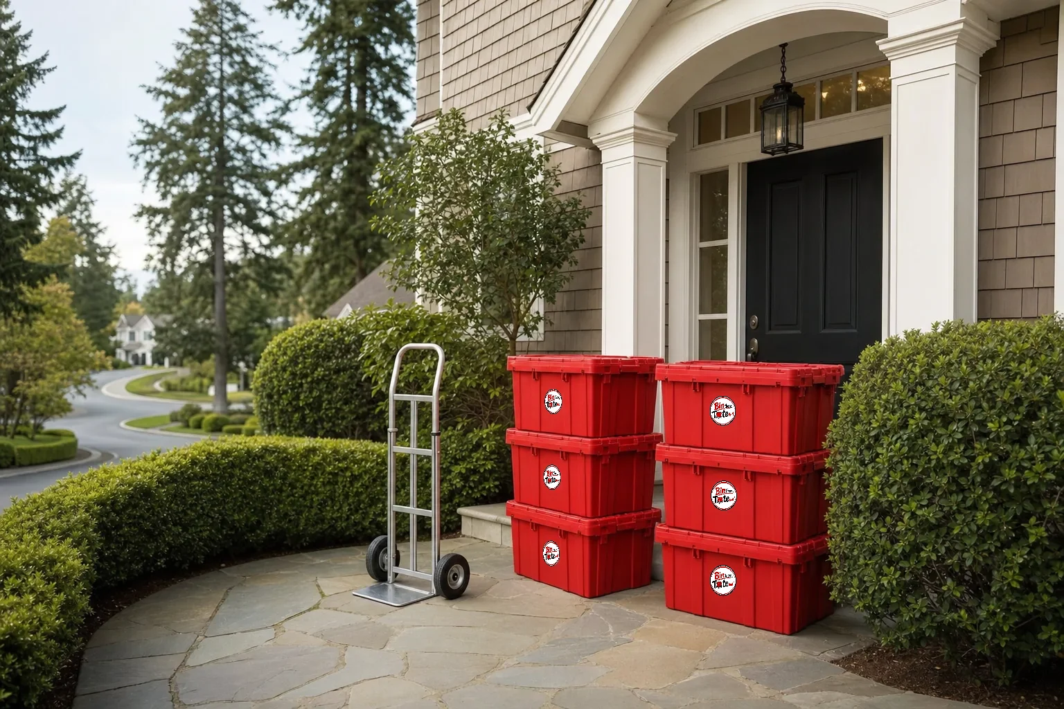 Red moving totes at the door of an upscale shingle-style Lake Oswego home with a hand truck on the walkway