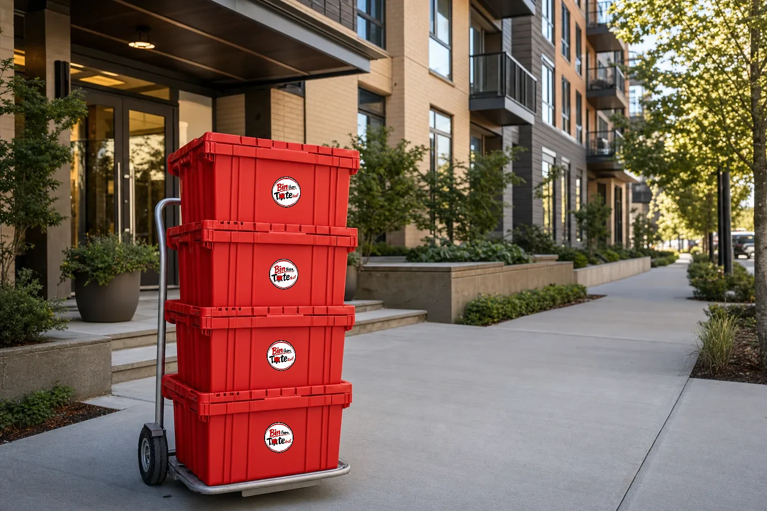 Hand truck of red moving totes at the entrance of a modern Lloyd District mid-rise apartment building