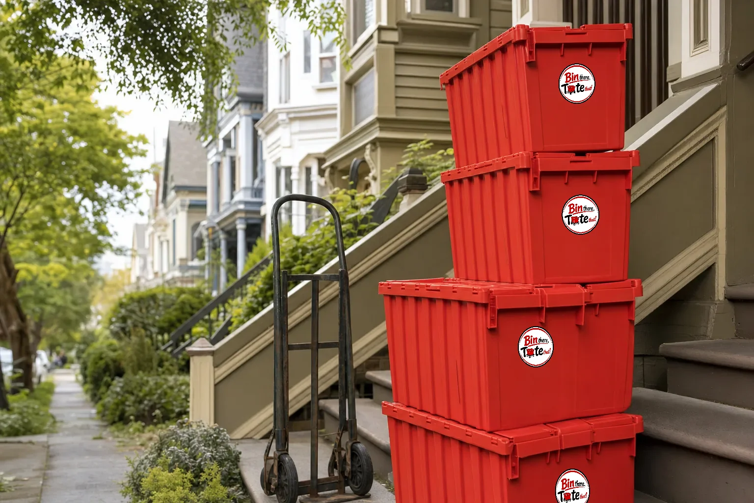 Red moving totes stacked outside a Victorian apartment house in Nob Hill