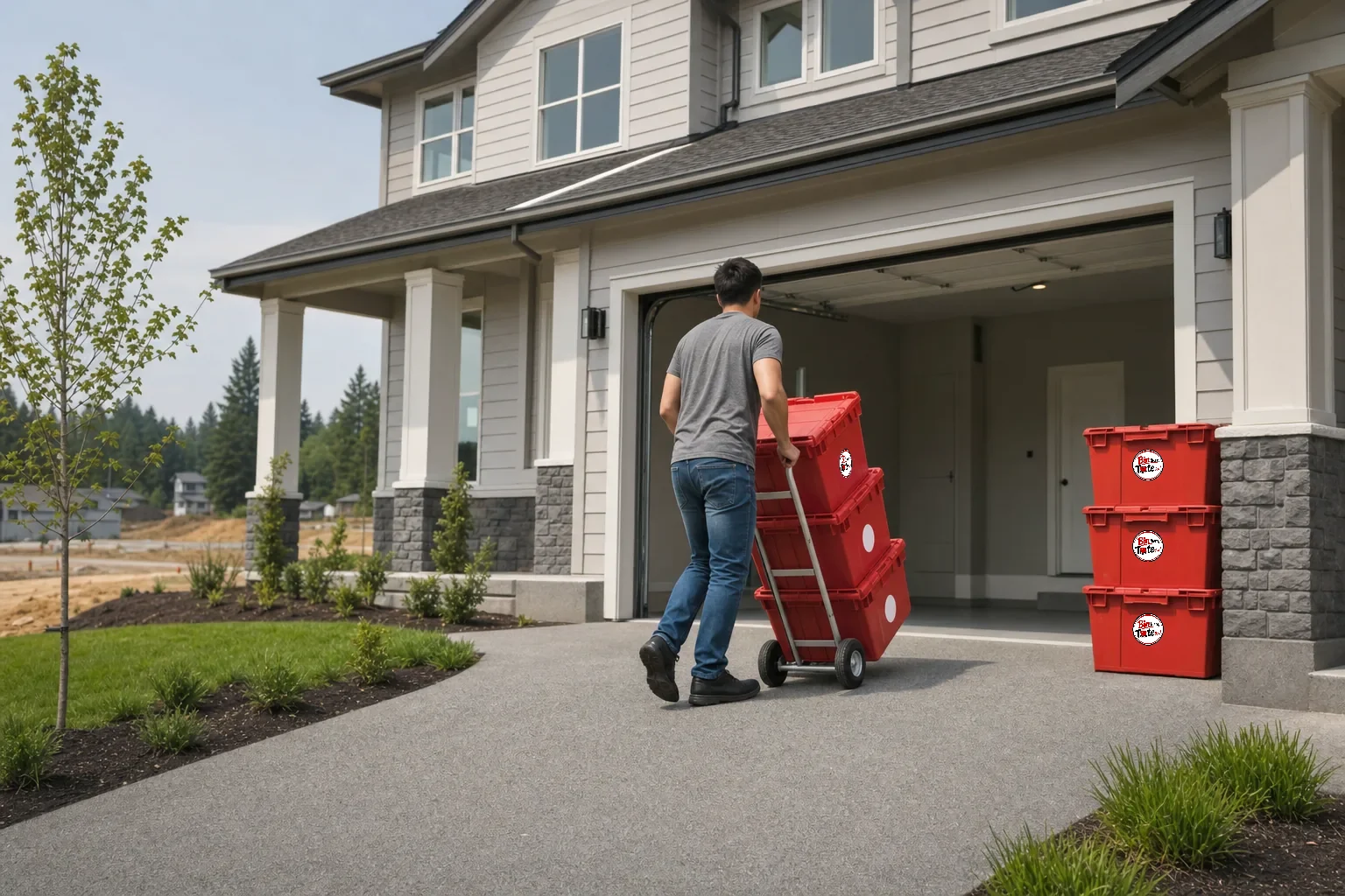 Hand truck of red moving totes rolling up the driveway of a new-construction Orchards home