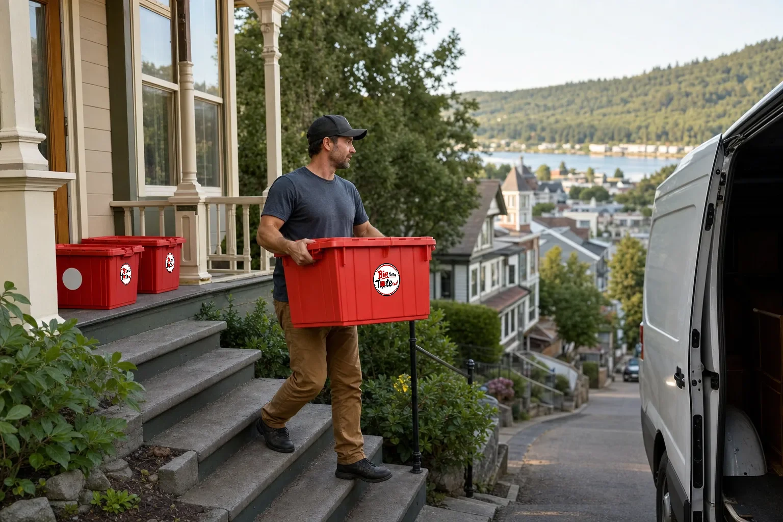 Person carrying a red moving tote from a hillside Victorian-era Oregon City home toward a van