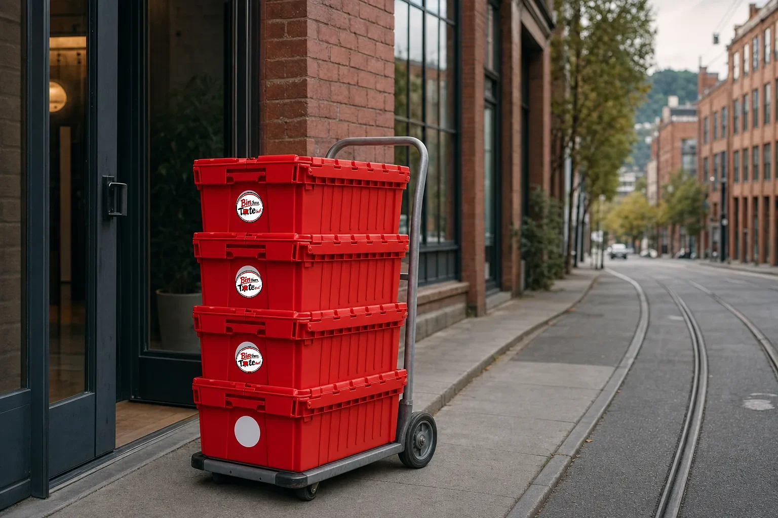 Hand truck stacked with red moving totes at the entrance of a converted brick warehouse loft in the Pearl District