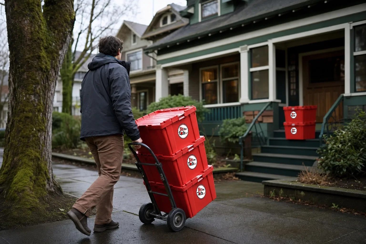 Person wheeling a hand truck of red moving totes along a wet sidewalk toward a green craftsman house on a close-in Portland street