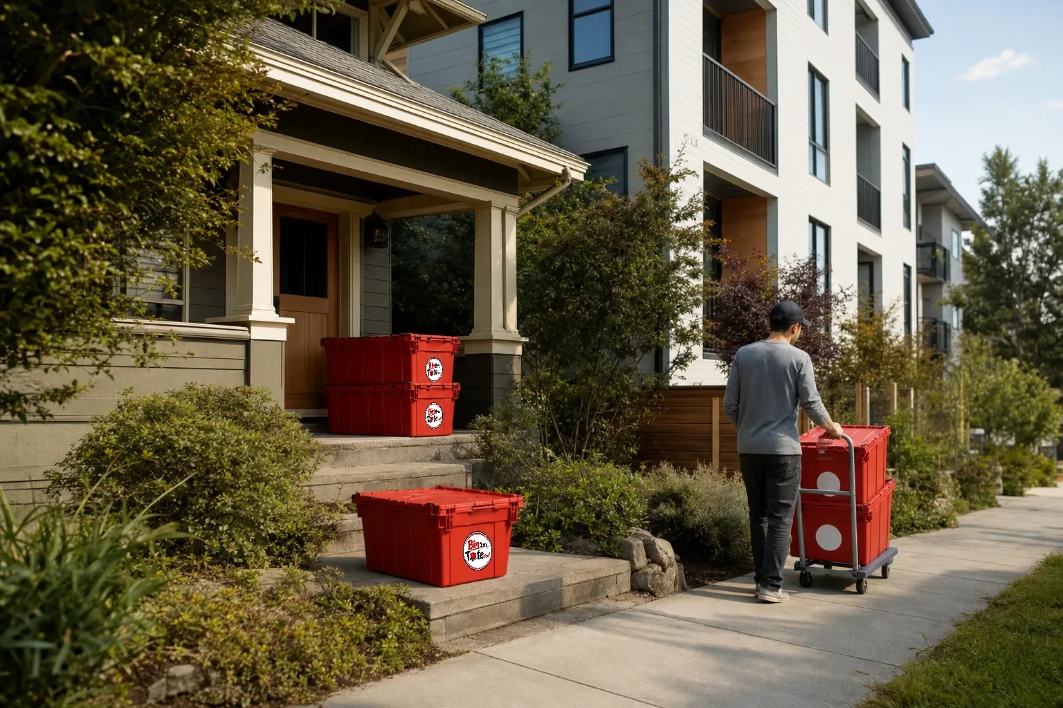 Red moving totes by the door of a 1920s Richmond bungalow beside a modern infill apartment building