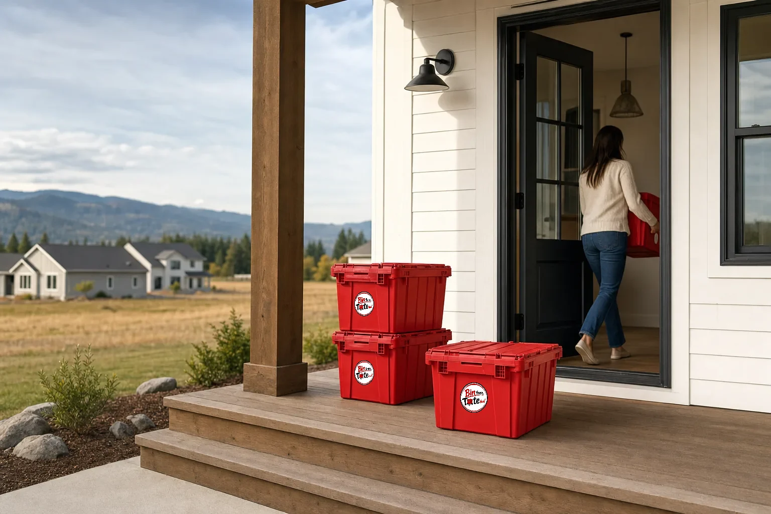 Red moving totes on the porch of a new farmhouse-style Ridgefield home