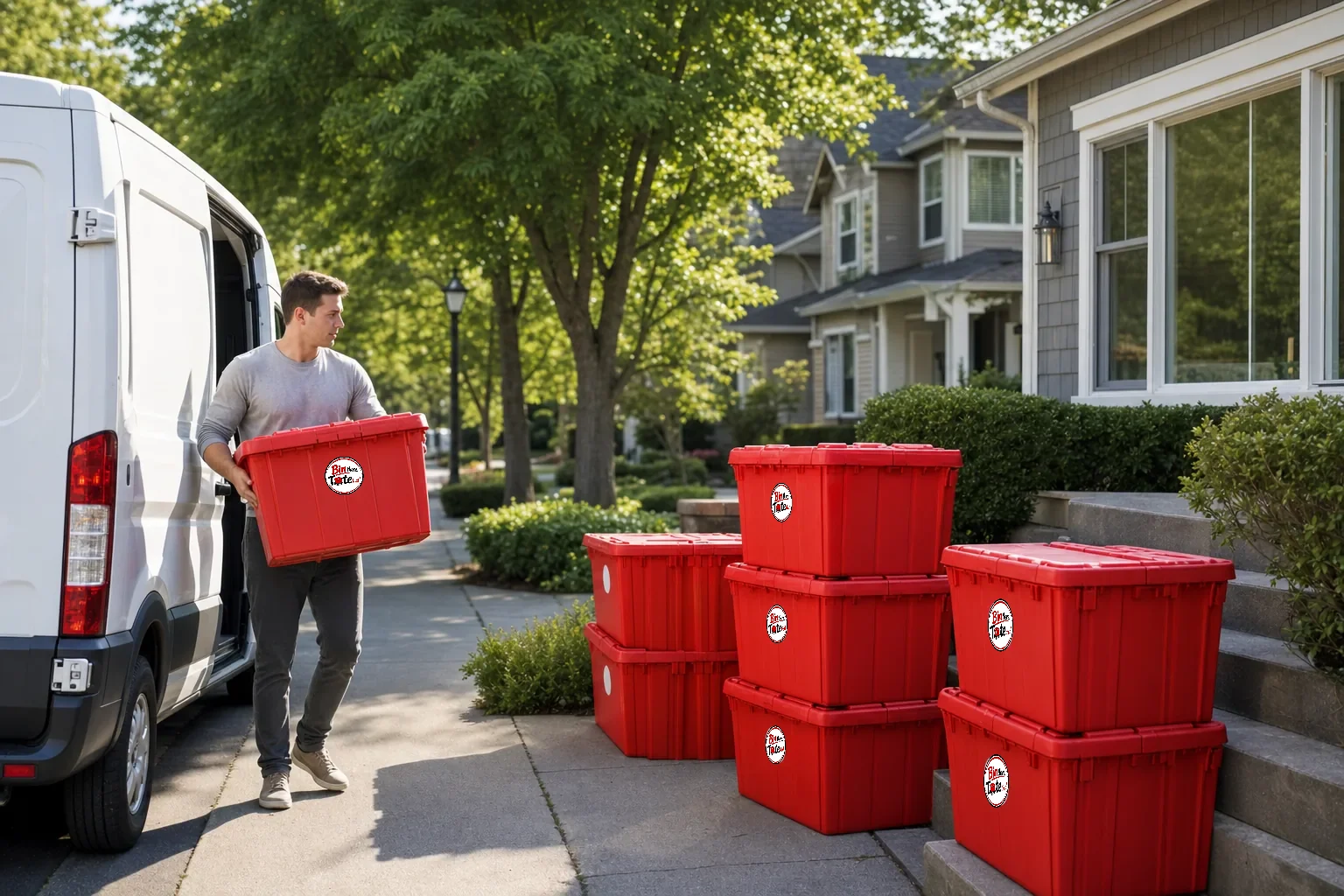 Red moving totes by the front steps of a Salmon Creek home as a person carries one from a van