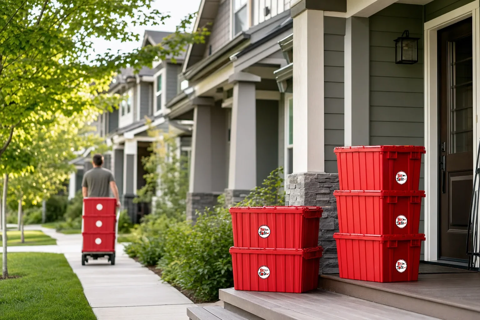 Red moving totes on the porch of a newer craftsman-style Sherwood home