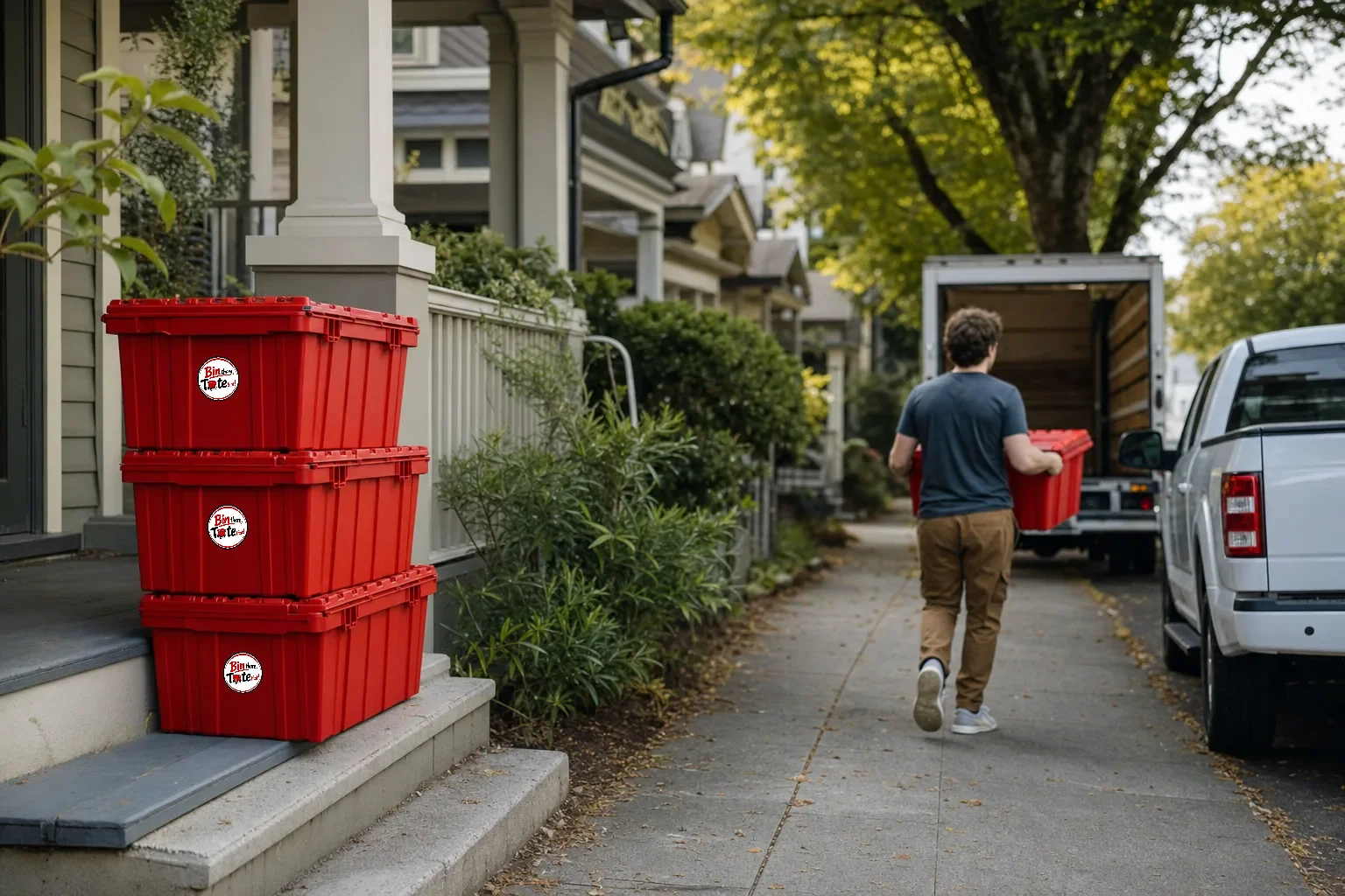 Stack of red moving totes on a Sunnyside bungalow porch on a narrow tree-lined street